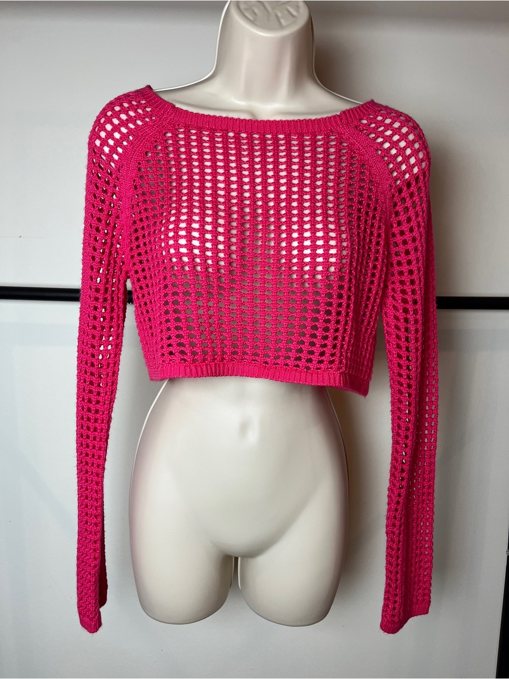Hot Pink Sweater Y2K Cropped Crochet Top Boho Artsy Fairy Cottagecore Smal